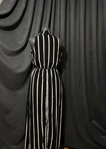 Çizgili, Uzun, V Yaka Kadın Tulum - Görsel 2