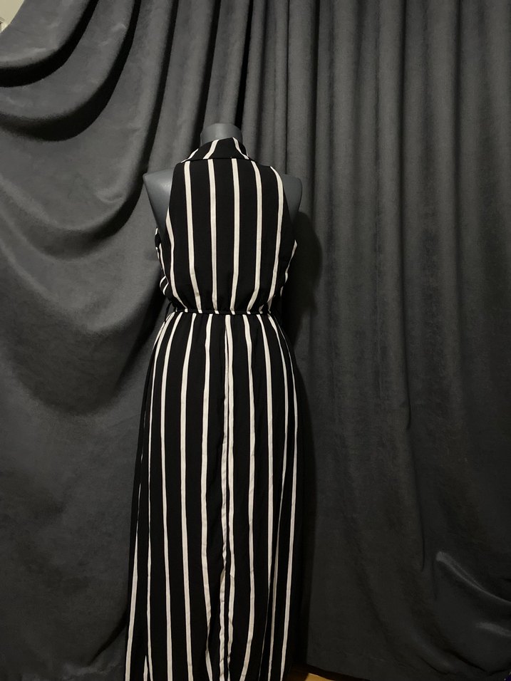 Çizgili, Uzun, V Yaka Kadın Tulum - Görsel 2