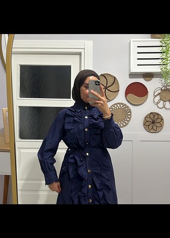 Kadın Lacivert Fırfırlı Uzun Denim Elbise