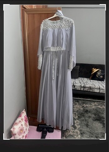 Gri inci nakışlı tesettür Uzun Abiye Elbise