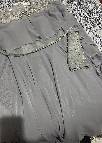 40 Beden gri Renk Gri inci nakışlı tesettür Uzun Abiye Elbise