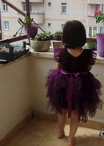 Diğer Koyu Mor Klasik Dantel Detaylı Kız Çocuk Elbisesi