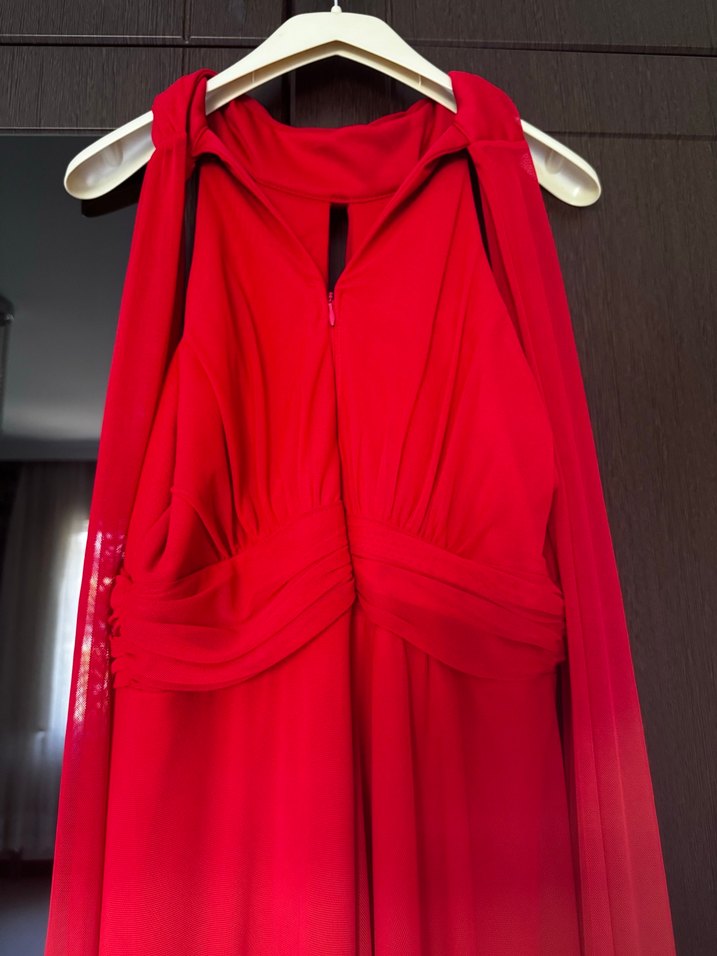 Kırmızı Uzun Drapeli Abiye Elbise - Görsel 4