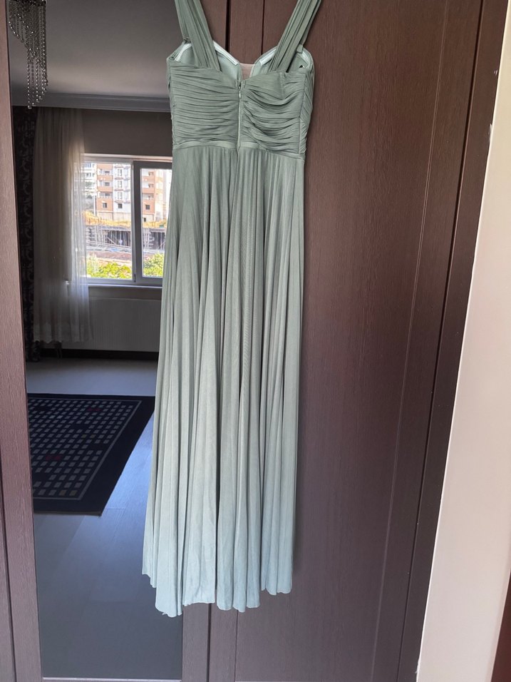 Uzun Pilili Su Yeşili Abiye Elbise - Görsel 5