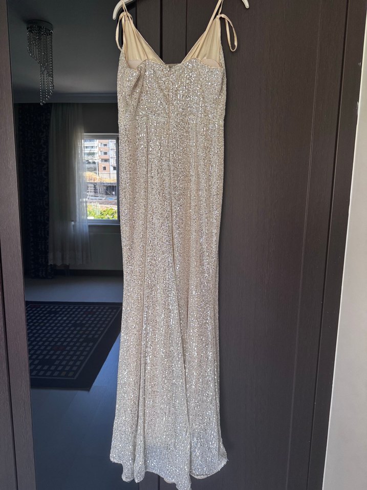 V Yaka Drapeli Uzun Gümüş Abiye Elbise - Görsel 2