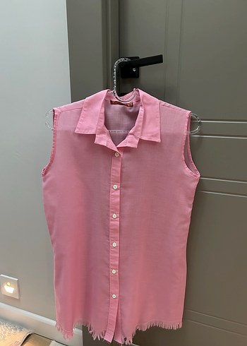 Pembe Kolsuz Keten Gömlek Midi Boy