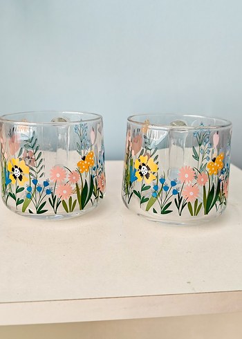 Çiçek Desenli Şeffaf Cam Kupa Seti - Görsel 7