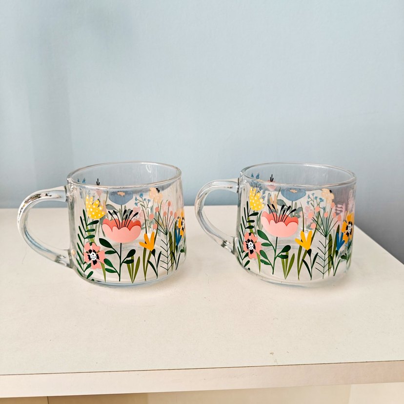 Çiçek Desenli Şeffaf Cam Kupa Seti - Görsel 4