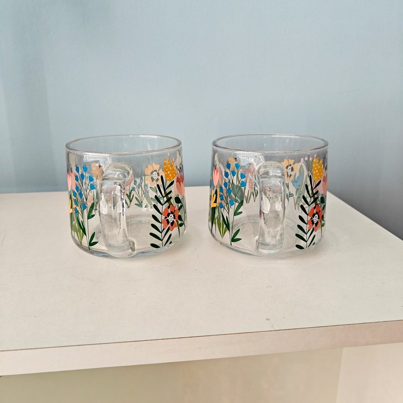 Çiçek Desenli Şeffaf Cam Kupa Seti - Görsel 5