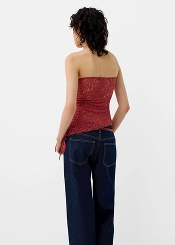 xs Beden Bordo Straplez Drapeli Kadın Bluz