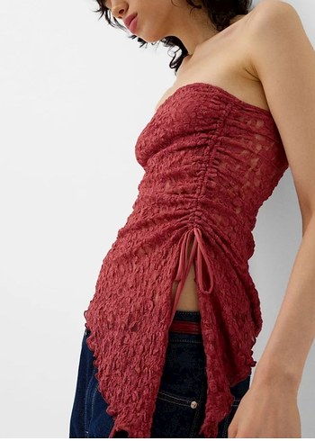 Bershka Bordo Straplez Drapeli Kadın Bluz