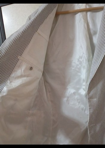 Düğmeli Erkek Beyaz Gri Çizgili Ceket - Görsel 2