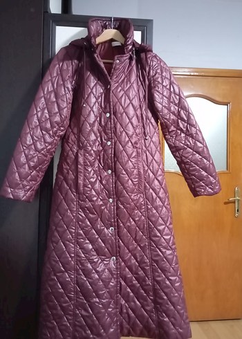 Bordo Parlak Düğmeli Kadın Midi Mont - Görsel 2