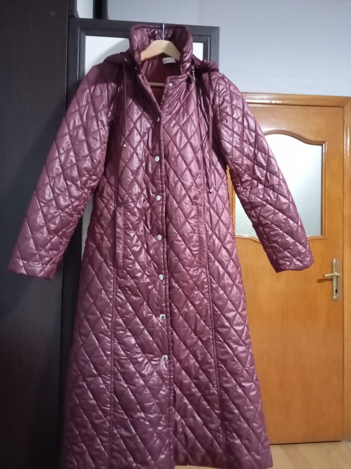 Bordo Parlak Düğmeli Kadın Midi Mont - Görsel 2