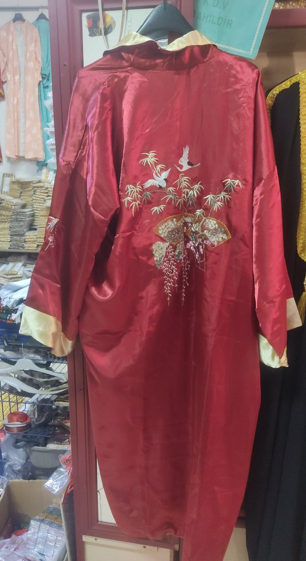 Nakışlı Uzun Bordo Kadın Sabahlık kimono - Görsel 4