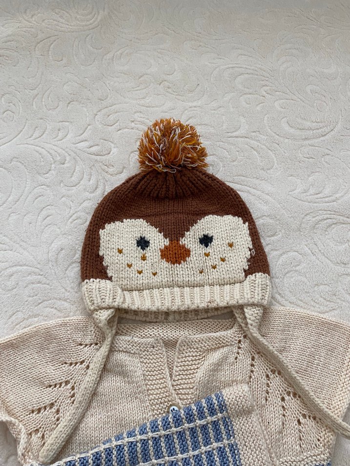 Ekoseli Örgü Erkek Bebek yelek bere - Görsel 3