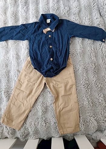 Erkek Bebek Denim Gömlek ve Kahverengi Pantolon Seti - Görsel 2