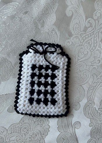 Siyah Beyaz Kareli Örgü lif Seti - Görsel 5