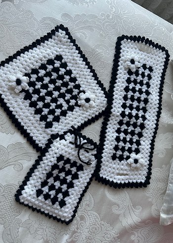 Siyah Beyaz Kareli Örgü lif Seti - Görsel 2