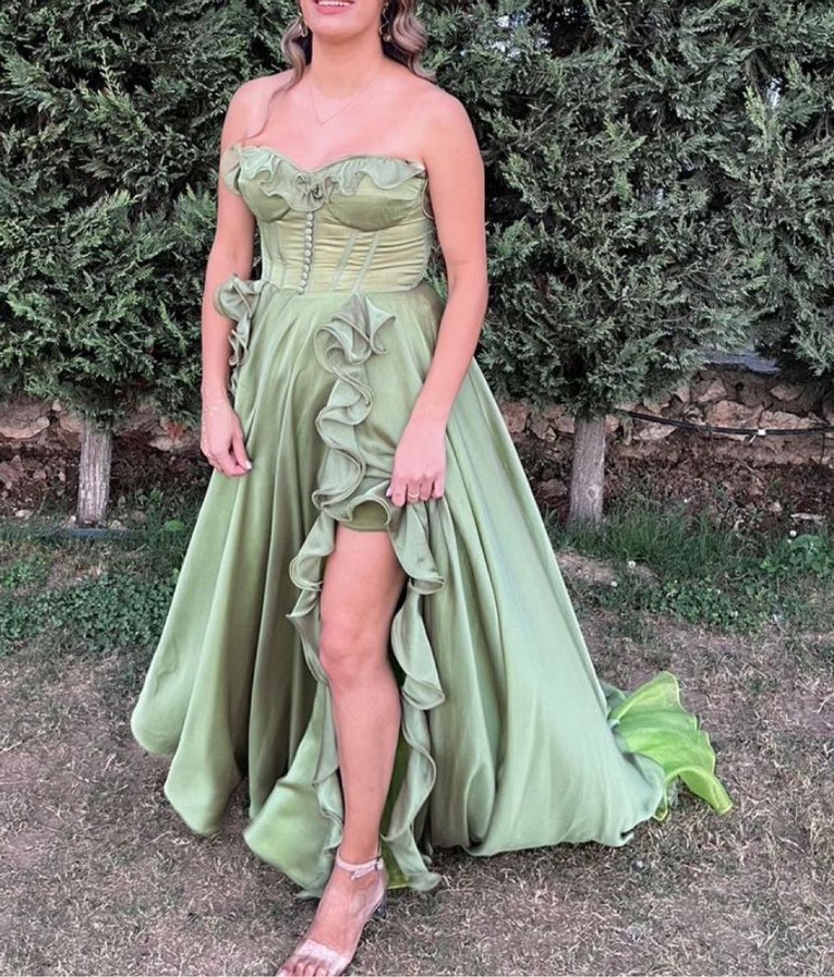 Yeşil Straplez Uzun Fırfırlı Abiye Elbise - Görsel 5