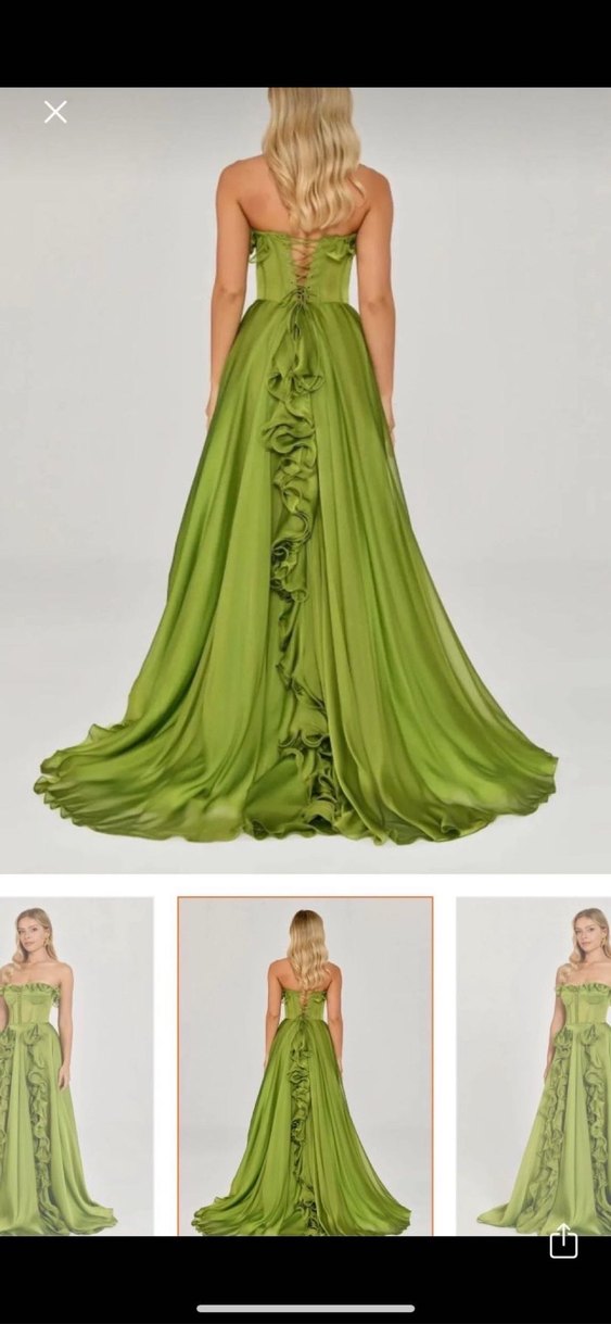 Yeşil Straplez Uzun Fırfırlı Abiye Elbise - Görsel 3