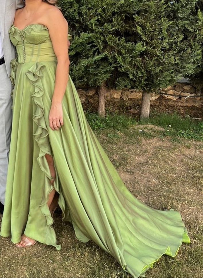 Yeşil Straplez Uzun Fırfırlı Abiye Elbise - Görsel 4