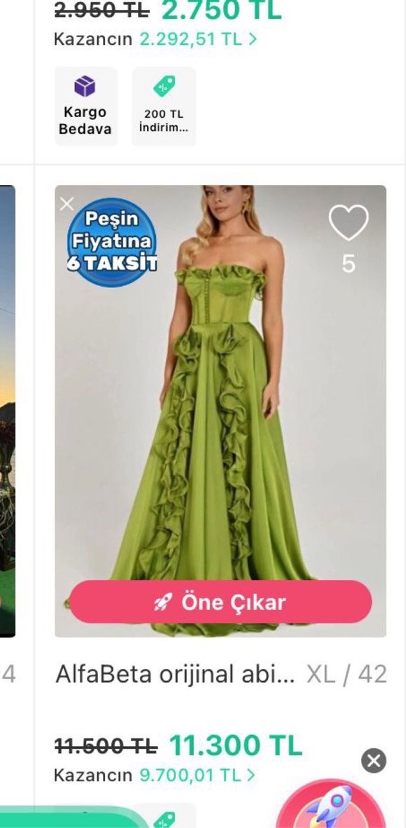 Yeşil Straplez Uzun Fırfırlı Abiye Elbise - Görsel 2