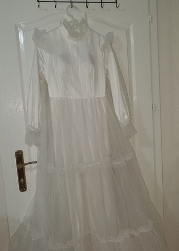 Abiye Beyaz Uzun Kollu Fırfırlı Nikah Elbisesi