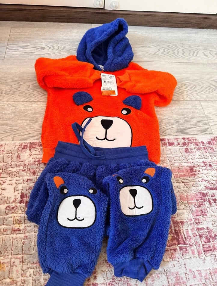 Kapüşonlu Erkek Çocuk Renkli Ayı Desenli Takım - Görsel 3