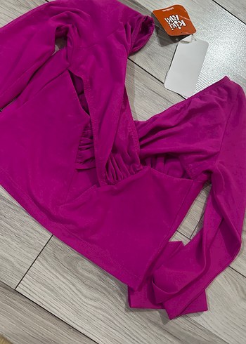 Mor V Yakalı Drapeli Kadın Bluz - Görsel 2