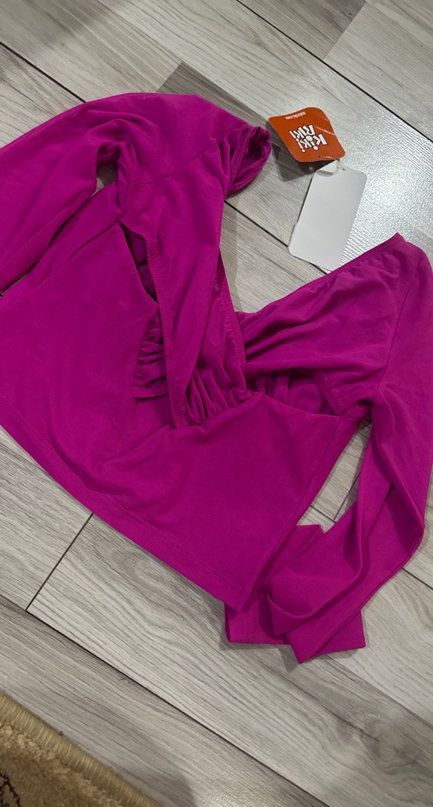 Mor V Yakalı Drapeli Kadın Bluz - Görsel 2