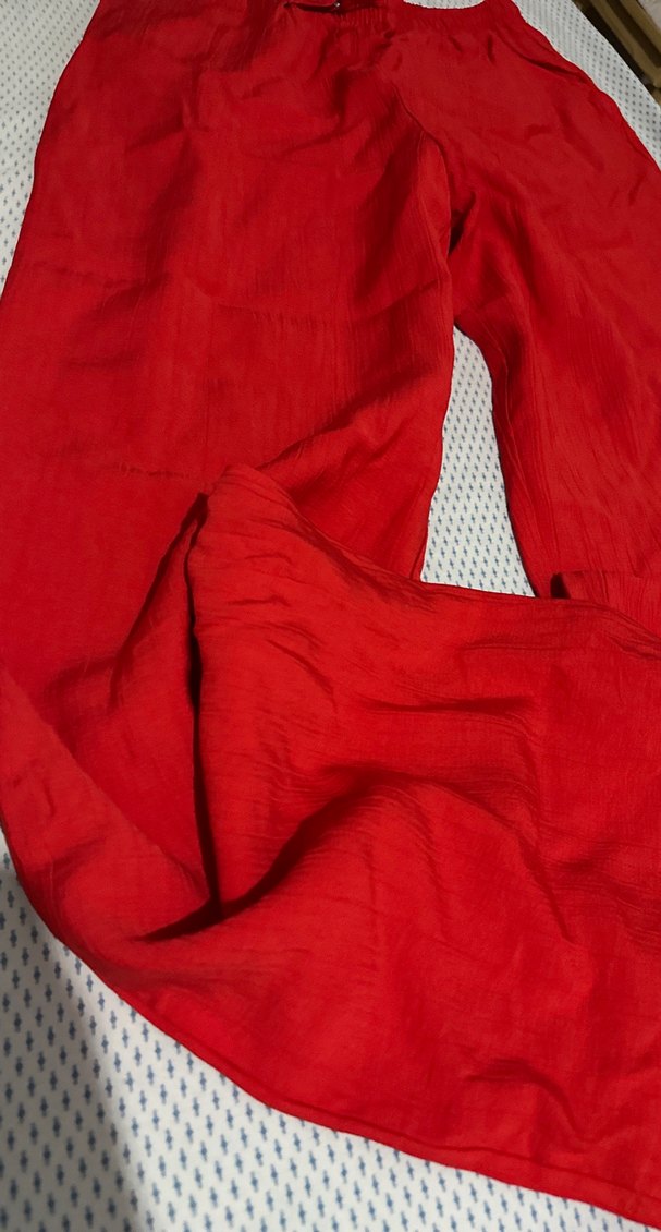 Kırmızı Keten Salaş Midi Kadın Pantolon - Görsel 2