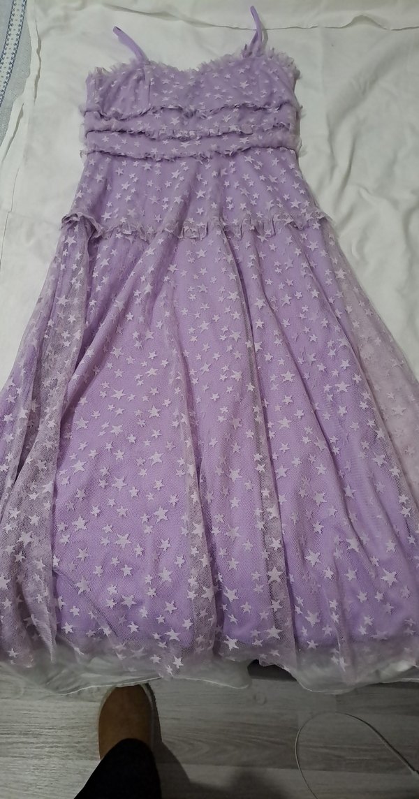 Mor Nakışlı Midi Askılı Elbise - Görsel 2