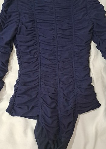 Lacivert Pilili Uzun Kollu sifon Bluz - Görsel 4