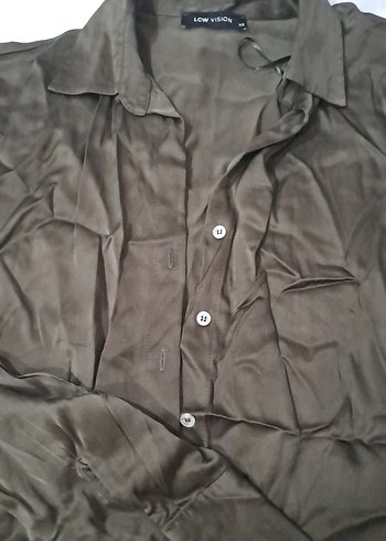 Düğmeli  Saten Kahverengi Keten Kadın Gömlek - Görsel 4