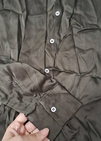 Düğmeli  Saten Kahverengi Keten Kadın Gömlek - Görsel 3