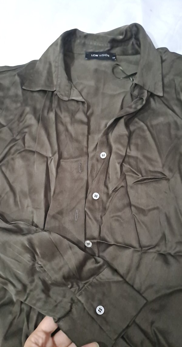 Düğmeli  Saten Kahverengi Keten Kadın Gömlek - Görsel 4