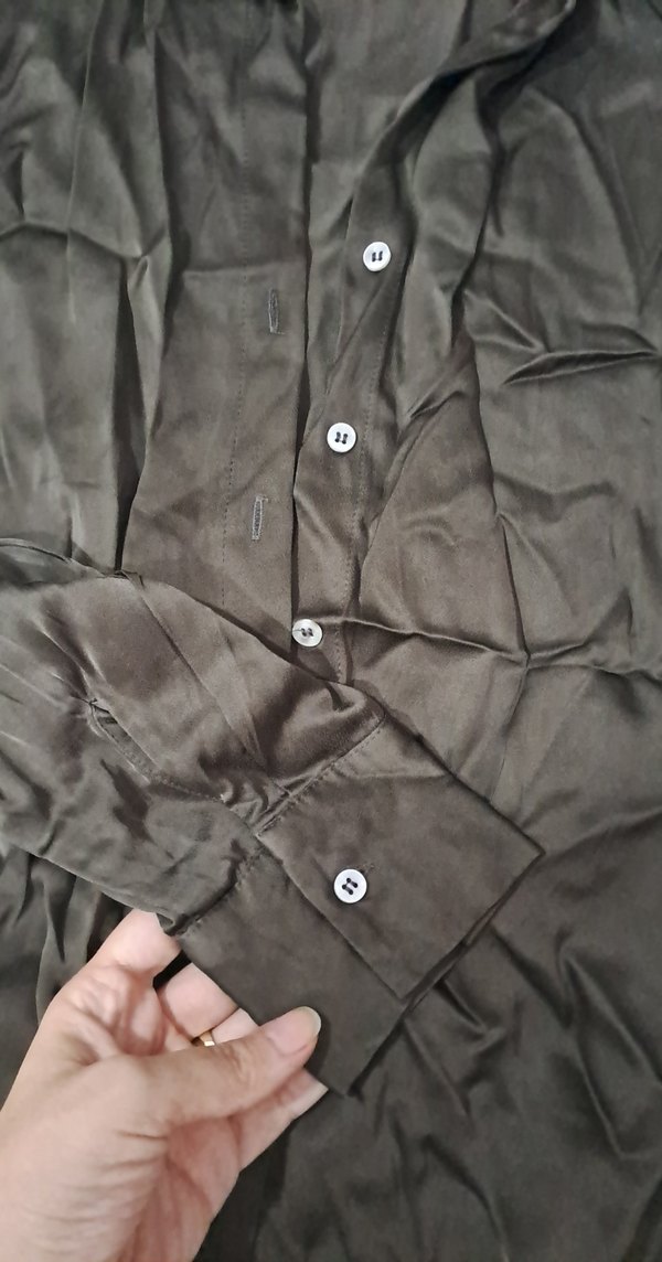 Düğmeli  Saten Kahverengi Keten Kadın Gömlek - Görsel 3