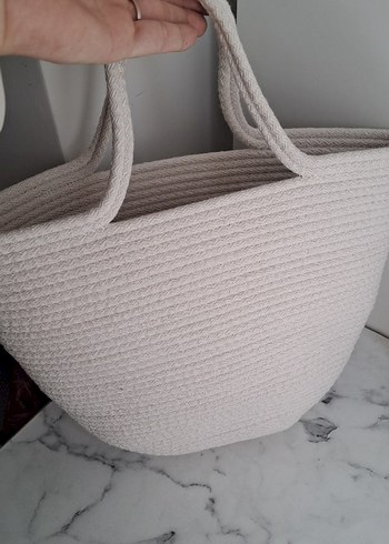 Boncuk Detaylı Beyaz Örgü Plaj Çantası - Görsel 5