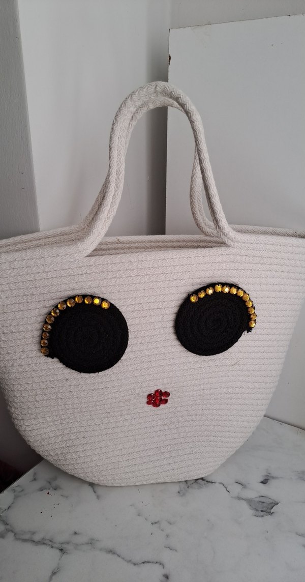 Boncuk Detaylı Beyaz Örgü Plaj Çantası - Görsel 3