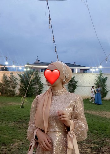 Abiye Bej İşlemeli Uzun Kollu Abiye Elbise