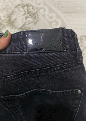 Mavi siyah Bol Kesim Midi Denim Kadın Pantolon - Görsel 3