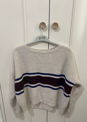 Çizgili Beyaz Kadın Triko Kazak - Görsel 2