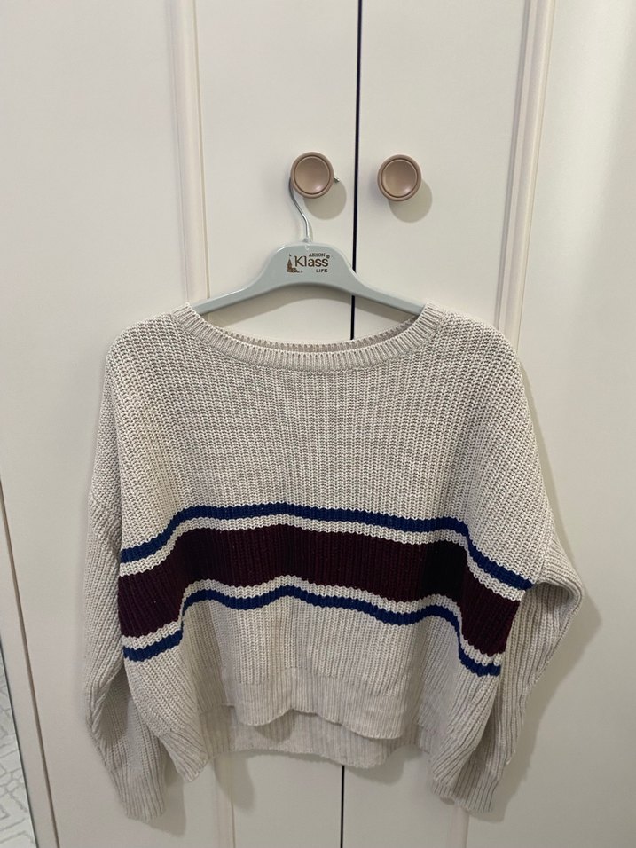 Çizgili Beyaz Kadın Triko Kazak - Görsel 2