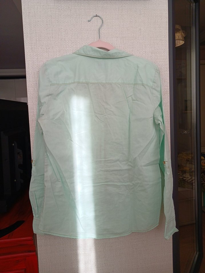 Su Yeşili Pamuklu Düğmeli Kadın Gömlek - Görsel 5