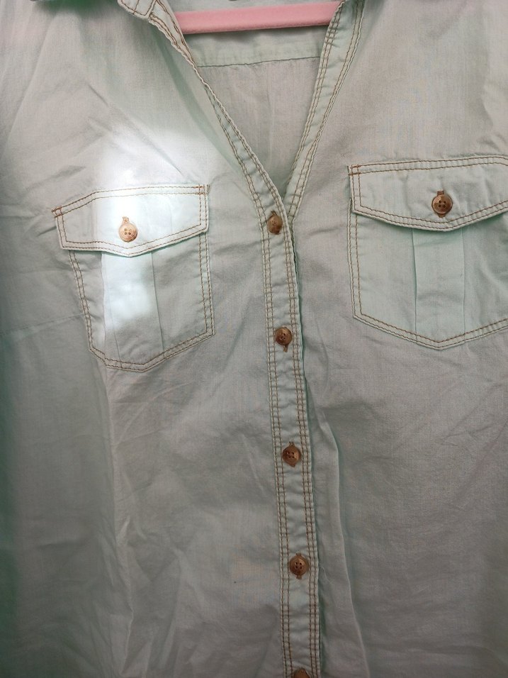 Su Yeşili Pamuklu Düğmeli Kadın Gömlek - Görsel 3