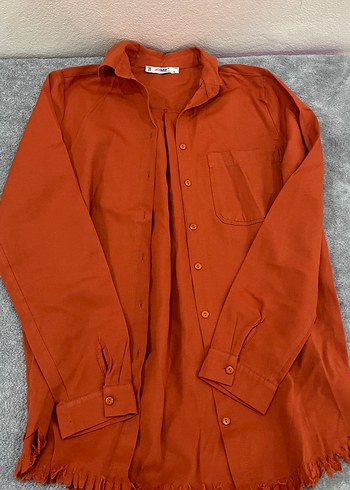 Düğmeli Kahverengi Keten Kadın Gömlek - Görsel 4