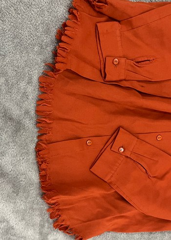 Düğmeli Kahverengi Keten Kadın Gömlek - Görsel 2