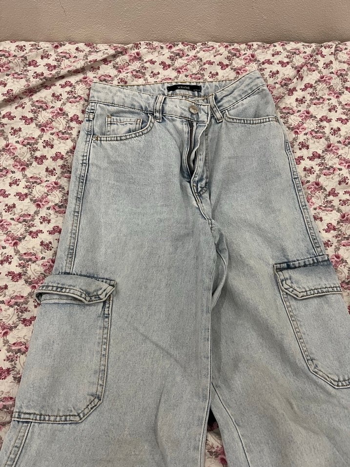 Gri Batik Desenli Düğmeli Midi Kadın Kot Pantolon - Görsel 3