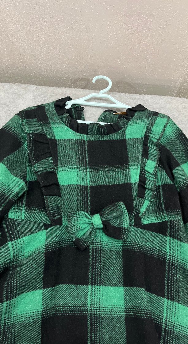 Uzun Kollu Yeşil Kareli Kız Elbisesi - Görsel 2